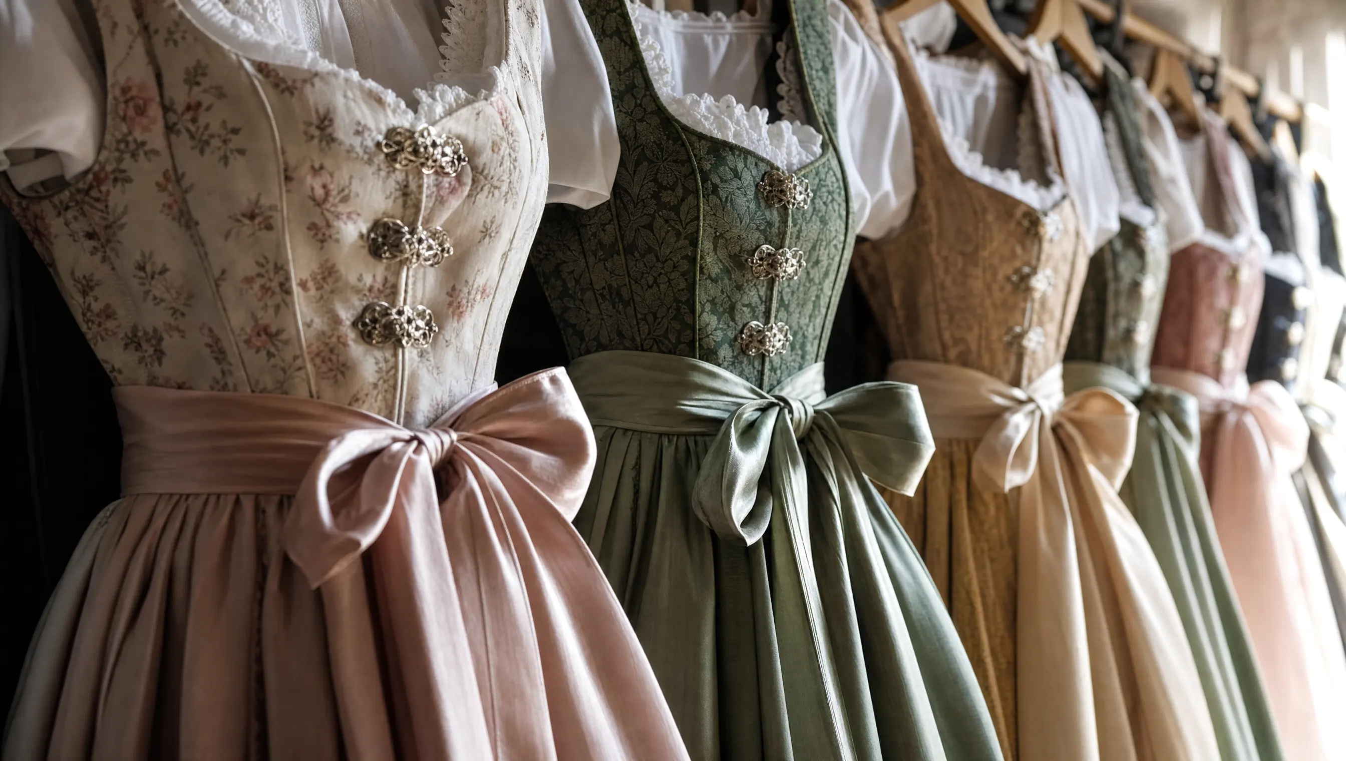 Dirndl mit Seidenschürzen in Rosé, Salbei und Altgold auf einer Stange