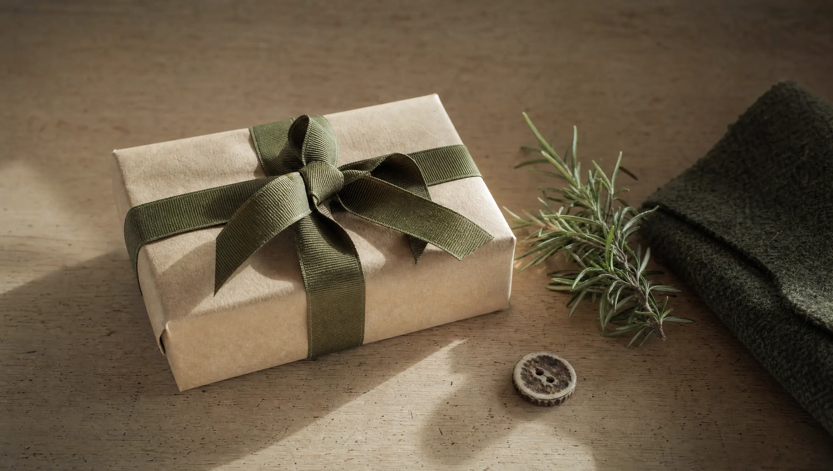 Ein in Packpapier gewickeltes Geschenk mit lodengrünem Band