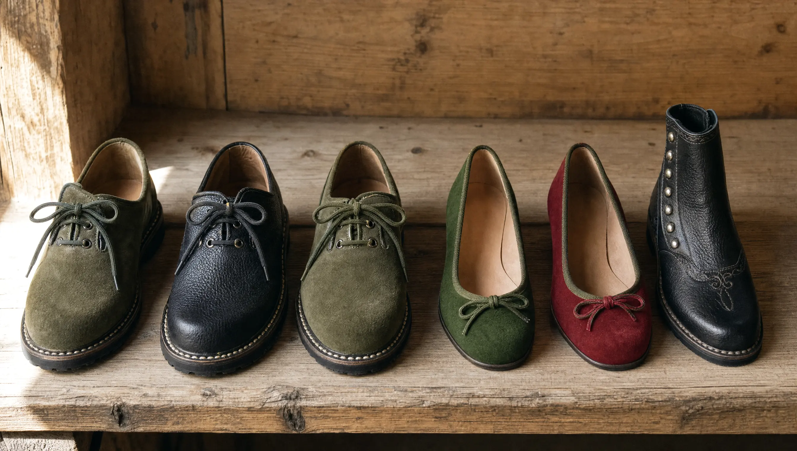 Haferlschuhe und Damen-Trachtenschuhe nebeneinander auf einem Holzbrett